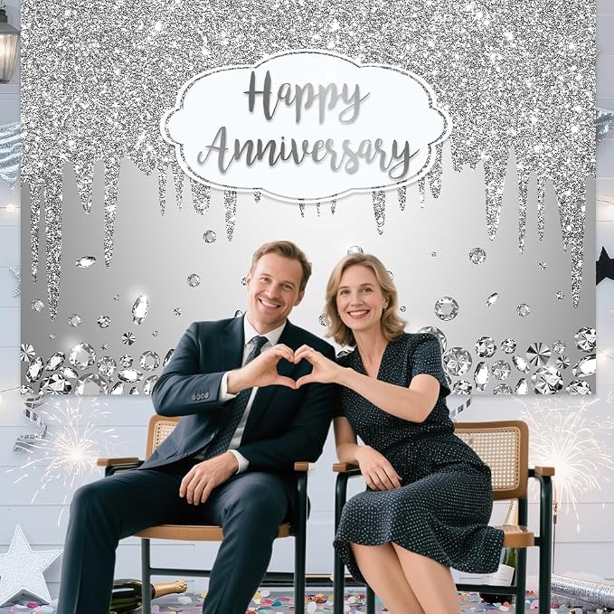 AIBIIN 7x5ft Happy Anniversary Backdrop Silver Dripping Glitter Crystals - Image 4