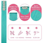 WENNALIFE Teal Green Clip in Hair Extensions Real Human Hair 35g 6pcs 22 Inch Colored Hair Extensions for Kids Women Colorful Hair Pieces Pop-up Style Straight Extensiones De Cabello Humano Con Clip