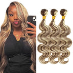 Highlight Bundles Human Hair Blonde Body Wave Bundle Niegmeag Brazilian Virgin Remy Hair 3 Bundles 20 22 24 Inch 2 Tone Blonde and Brown Body Wave Bundle 300g