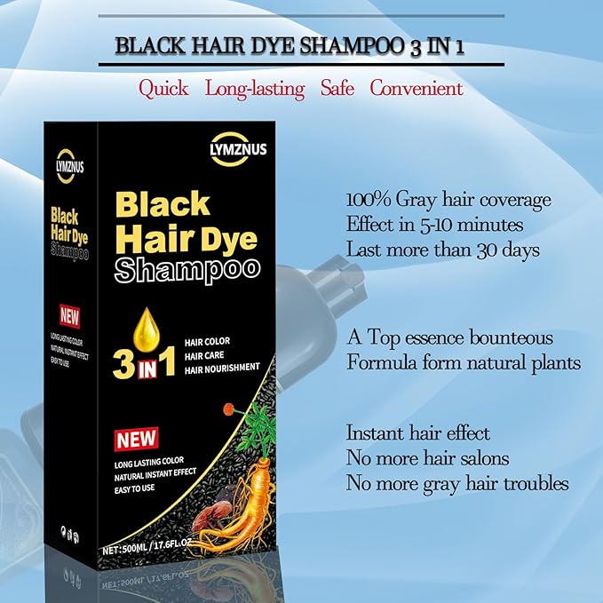 Black Hair Color Shampoo for Gray Coverage - New Upgrade 3-in-1 Herbal Long-Lasting Formula for Women & Men
