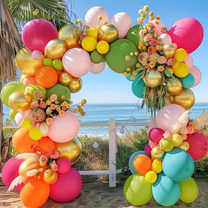 Tropical Balloons Arch Pink Green Orange Gold Balloons Pastel Yellow Teal by Captank