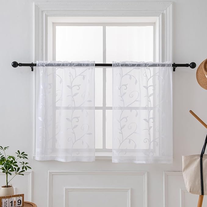 Kitchen Sheer Cafe Curtains Embroidered Leaves White 26Wx36L | Light Filtering by VISIONTEX