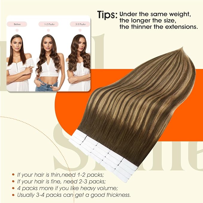 Full Shine Balayage Hair Extensions Tape in 12Inch Tape in Extensions Real Human Hair Color 4 Medium Brown Ombre 24 Honey Blonde Highlight 4 Brown Seamless Skin Weft Tape ins 30Gram 20Pcs
