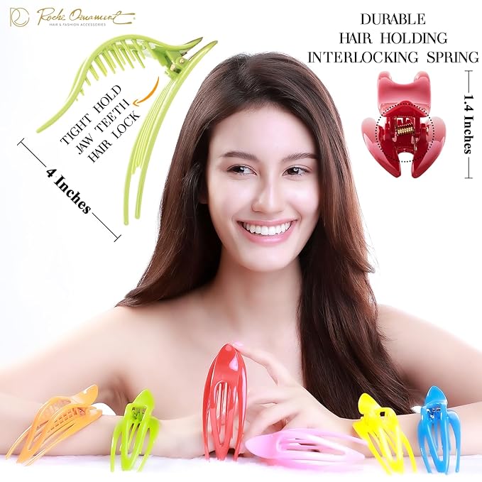 RC ROCHE 6 Pcs Flat Hair Clips Big Claw for Thick Hair French Duckbill Women No Slip Side Slide Curved Alligator Concord Strong Grip Hold Volume Lay Down Clamp, Large Rainbow Multicolor