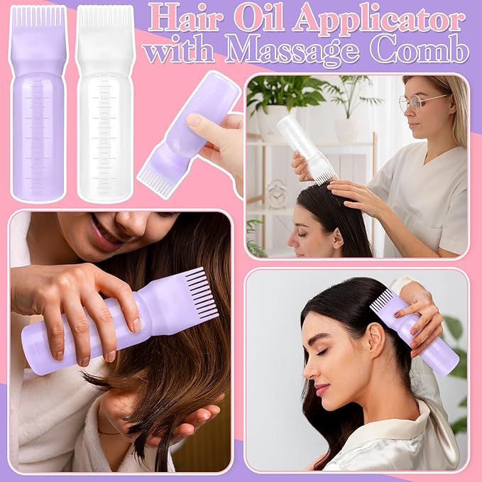 2 Pack Hair Oil Applicator Bottle for Scalp with Massage Comb,6 OZ Hair Oil Bottle with Root Comb for Scalp, Shampoo Scrubber Applicator,Hair Dye Tools(Purple, white)