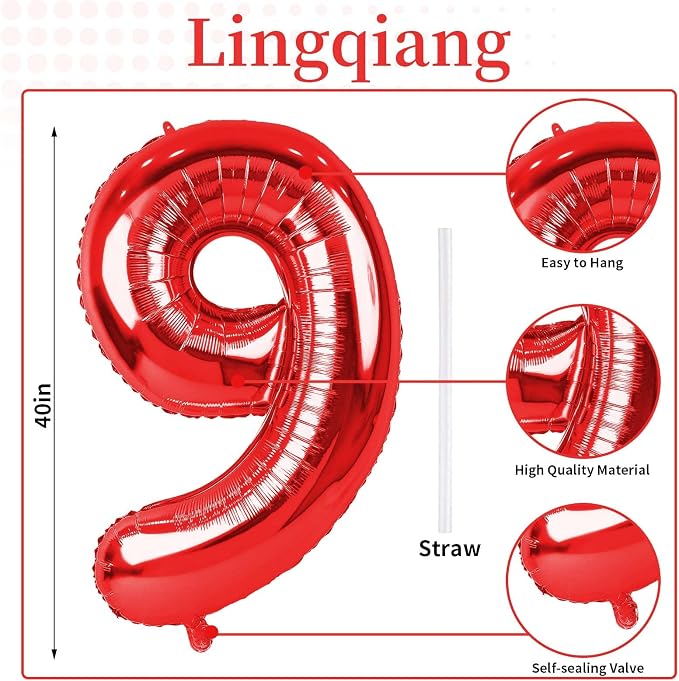 Red 9 Balloons for Boys, 40 Inch Large Foil Number Balloons Set 0-9, Self - Image 2