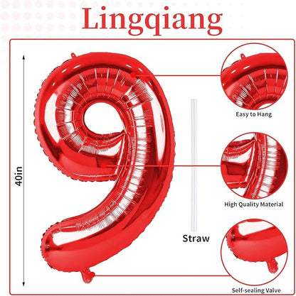 Red 9 Balloons for Boys, 40 Inch Large Foil Number Balloons Set 0-9, Self - Image 2
