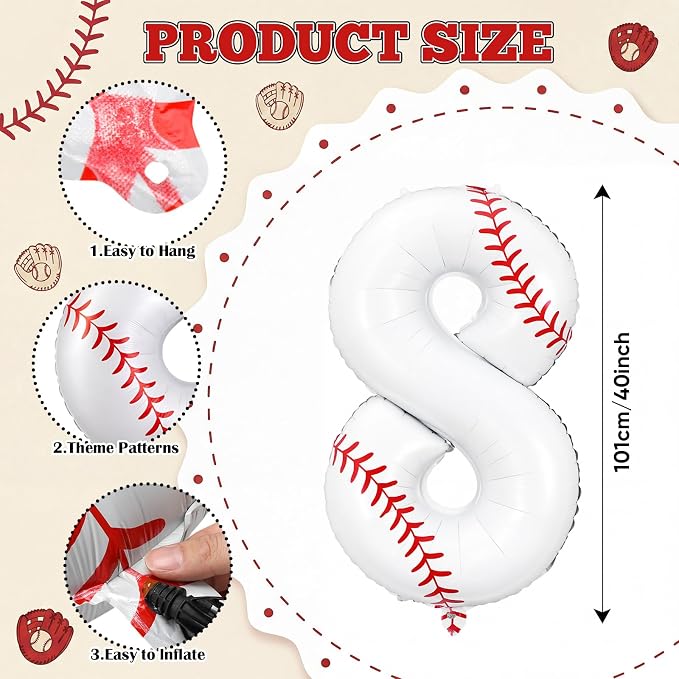 Jenaai Number 8 Baseball Balloons White Red and Blue Baseball Glove Balloons - Image 2