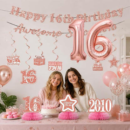 16th Birthday Decorations For Girls, Pre-Strung Rose Gold Happy 16th Birthday & - Image 7