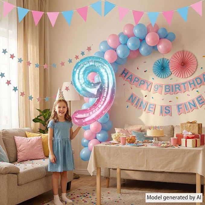 40 Inch Pink Blue Number 9 Balloon, Large Gradient Foil 9 Balloon - Image 3