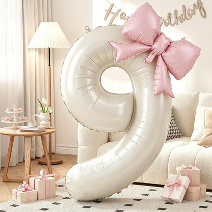 Beige Number 9 Balloons with Pink Bow, 40 Inch Giant Self Inflating Cream Foil by KYGNE