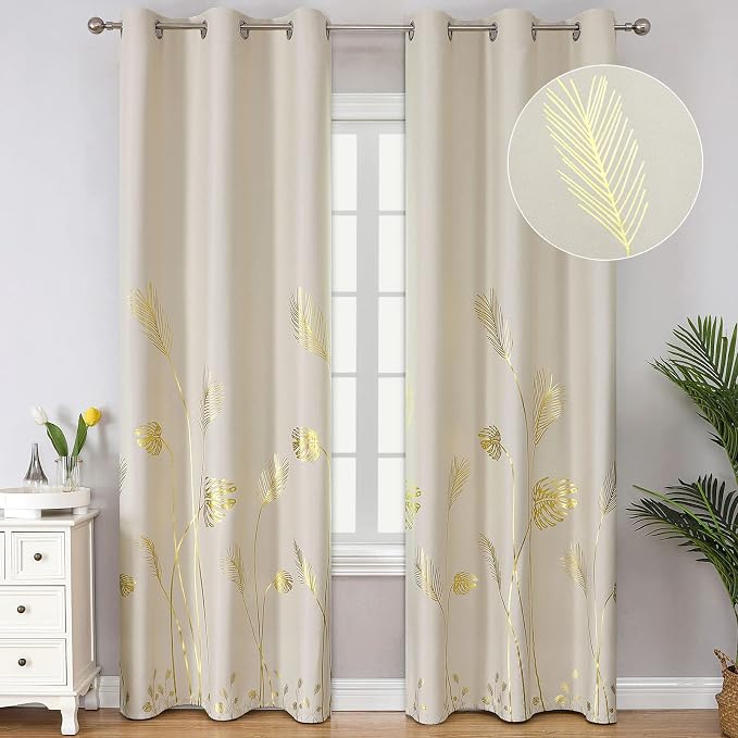 Gold Palm Leaf and Wheat Pattern Blackout Curtains by ESTELARTEXTILER
