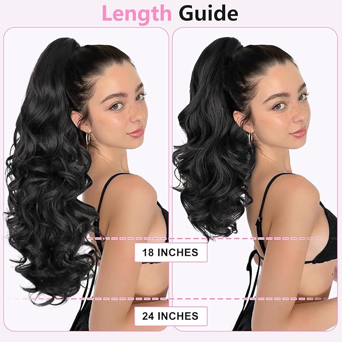 ALXNAN Ponytail Extension,18 Inch Claw Clip in Long Curly Wavy Black Ponytail Hair Extension Jaw Clip on Pony Tails Hairpiece for Women