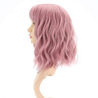FAELBATY Short Curly Wavy Pink Wigs with Bangs Shoulder Length Synthetic Wig for Women and Girls Costume Cosplay Wigs(12" Pink)
