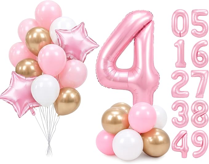 PartyWoo Number Balloons 40 Inch Pink Number 4 Kit 25pcs by PartyWoo