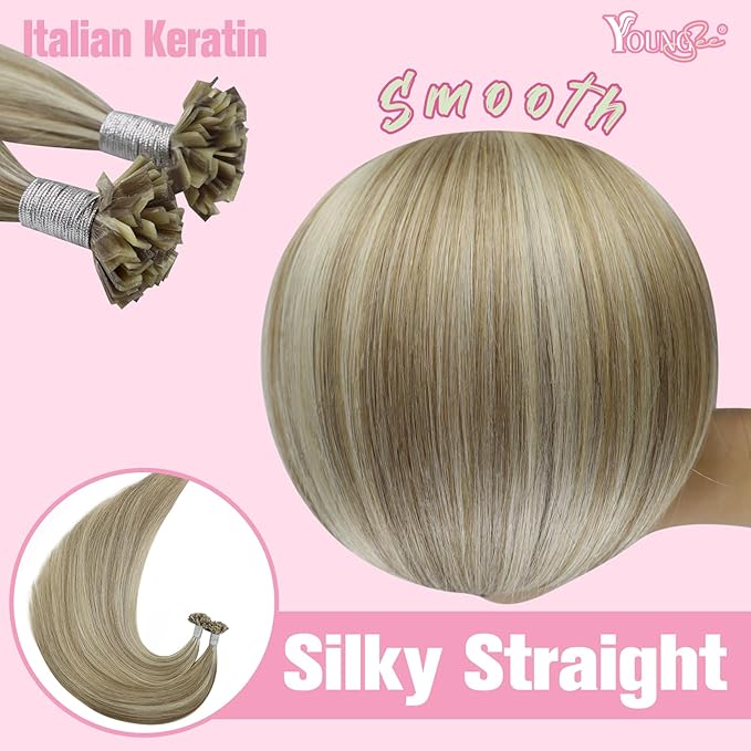 YoungSee U Tip Hair Extensions Real Human Hair Brown K Tip Hair Extensions Light Brown Highlight Blonde Hair Extensions K Tip 24in Ktip Hair Extensions Remy Human Hair for Wedding Hot Fusion 50s/50g
