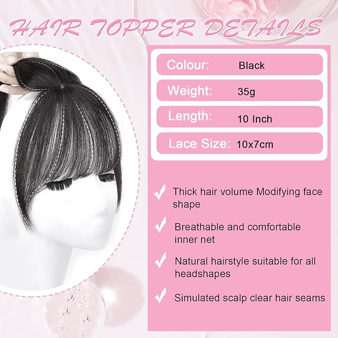 Hair Toppers for Women Real Human Hair Clip in Bangs 360° Cover Remy Human Hair Topper with Bangs for Thinning Realistic Scalp Upgrade Swiss Lace Base Hairpieces Cover Gray Hairy Roots Natural 1B