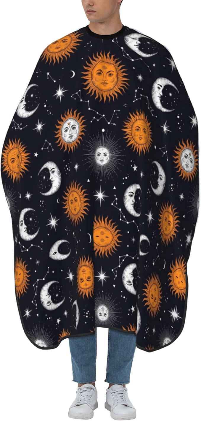 Full Coverage Hair Styling Cape, Sun Moon Stars Constellation Professional Hair Cutting Apron Haircuting Salon Cape Gown for Barbers