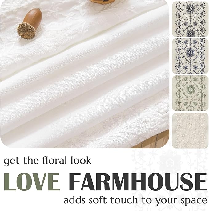 jinchan Floral Linen Curtains Embroidered Back Tab 50x96in 2 Panels White | - Image 5