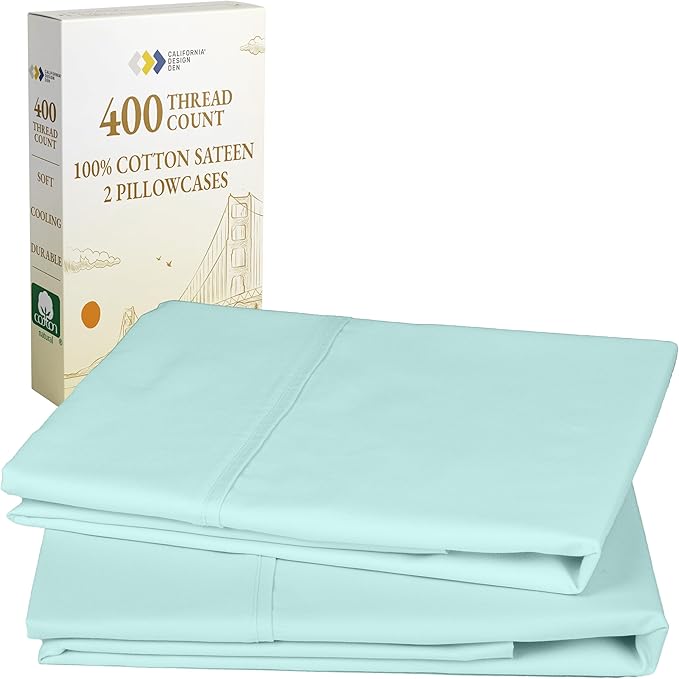 California Design Den Standard Queen Size Pillowcase Set - 400 Thread Count, 100% Cotton Sateen, Set of 2 Pillow Covers, Soft and Breathable - Seafoam