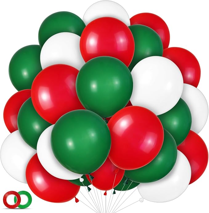 100 Pcs Christmas Red Green Balloons 12 Inch Red Green and White Latex Balloons by ASIYUHY