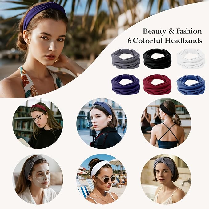 Headbands for Women, Wide Elastic Head Bands, Non-Slip Thick Hair Bands, Sports Stretchy Sweat Bands, Large Knotted Soft Headband for Washing Face, Makeup, Workout, Spa, Fashion