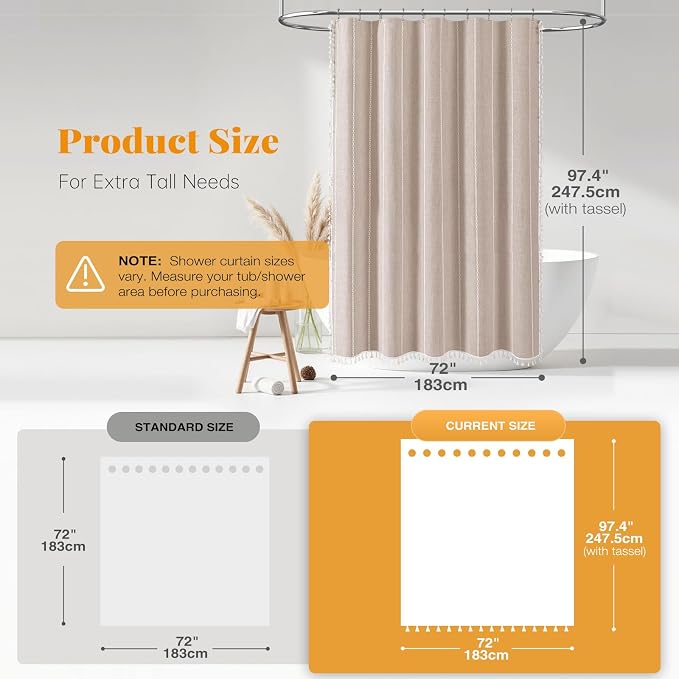 72x96 Extra Long Boho Linen Heavy Duty Shower Curtain Set, Tan/Taupe | Extra - Image 3