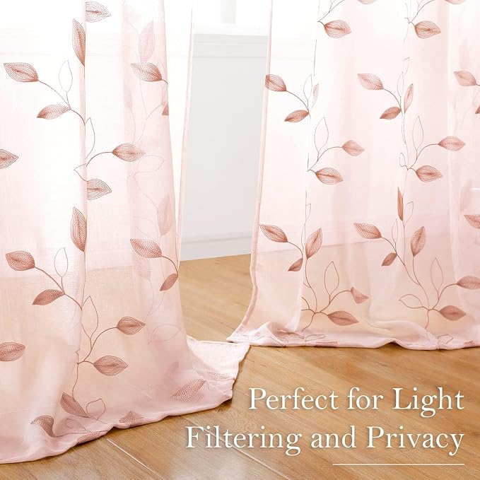 HOMEIDEAS Blush Pink Sheer Curtains W52 x L96, Embroidered Vine Leaf | 2 Panels - Image 6