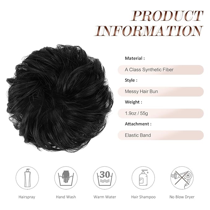 FESHFEN Messy Bun Hair Piece - Large Elastic Wavy Curly Hair Bun Scrunchies Ponytail Extensions Synthetic Chignon Hairpieces for Women, Off Black 1.94oz