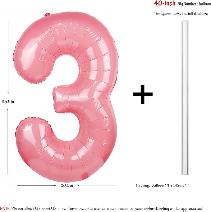 Macaron Pink Number 3 Balloon 40in Large Helium Foil Polyester Film Balloon | - Image 2