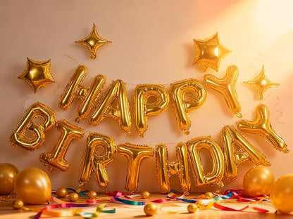 Gold Happy Birthday Banner Balloon Aluminum Foil 16 Inch Letter, 10 Inch Five - Image 3