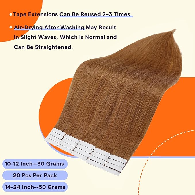 Full Shine Hair Extensions Real Human Hair Tape in Color 330 Orange Invisible Seamless Skin Weft Human Hair Tape in Extensions 16 Inch 50 Grams Straight Natural Extensions for Women Real Hair 20PCS