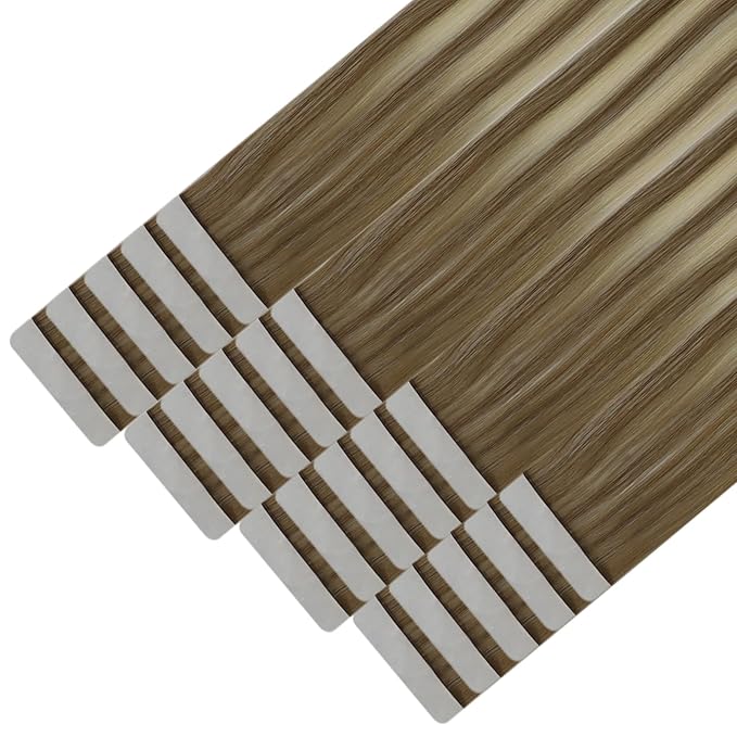 YoungSee Human Hair Tape in Extensions Balayage Invisible Tape in Hair Extensions Human Hair Light Brown Ombre Blonde Tapes ins Human Hair Long Hair Extension 24 Inch 20pcs Hair Extension Tape-in 50g