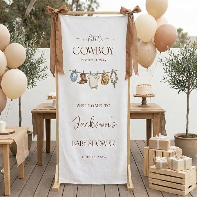Personalized Cowboy Baby Shower Banner, Western Welcome Sign, Cotton Linen by Custom