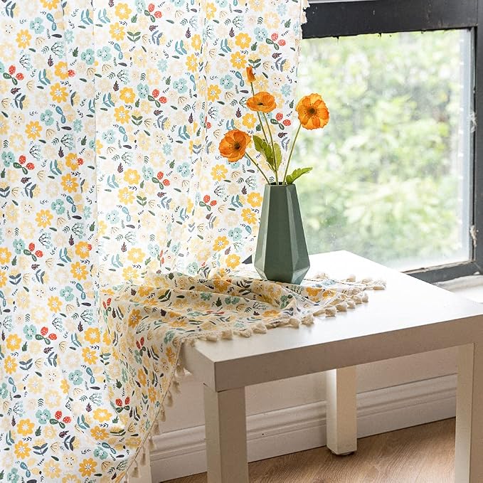 ENJOYBRIDAL Floral Curtains 96 Inch Length 2 Panels Tassel Boho Semi-Sheer - Image 6