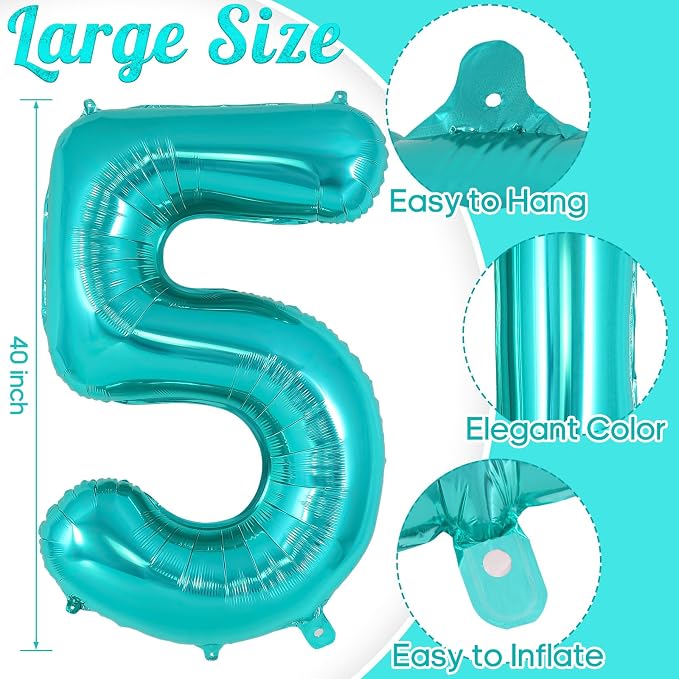 Teal Blue Number 5 Balloon, 40 Inch Big Large Foil Helium Number Balloons - Image 3