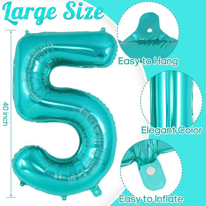 Teal Blue Number 5 Balloon, 40 Inch Big Large Foil Helium Number Balloons - Image 3
