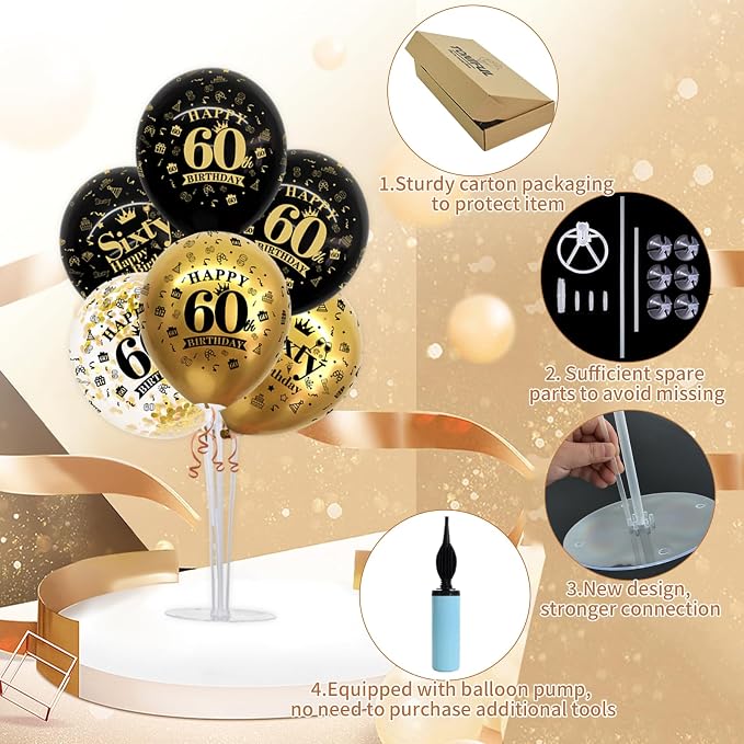 TONIFUL 4 Set Black Gold 60 Printed Balloon Stands - Image 3