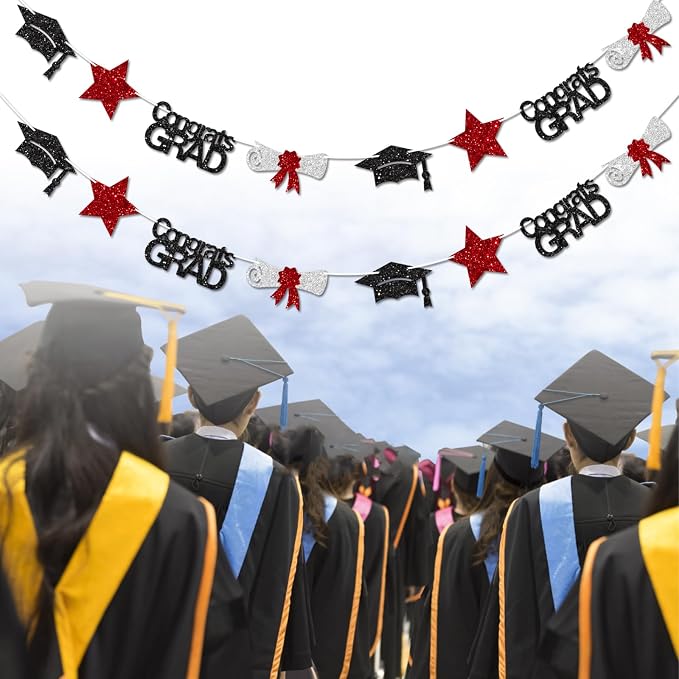 Black and Red Congrats Grad Banner Graduation Decorations Class of 2026 Glitter - Image 5