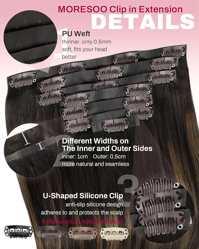 Moresoo Seamless Clip in Hair Extensions Human Hair Balayage Seamless Clip in Human Hair Extensions Ombre Dark Brown with Chestnut Brown 7pcs 120g 18 Inch