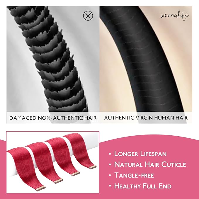 WENNALIFE Tape in Hair Extensions Human Hair Red Tape in Extensions, 10pcs 25g 14 inch Remy Invisible Tape Ins Straight Colored Soft Real Human Hair Tape in Extensions Refill Set Extensions