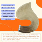 Full Shine Tape in Hair Extensions 18 Inch Color 3 and 8 Brown Fading to 613 Bleach Blonde Balayage Hair Extensions Real Human Hair Tape in for Women 50g Seamless Skin Weft Remy Hair 20PCS Add Volume