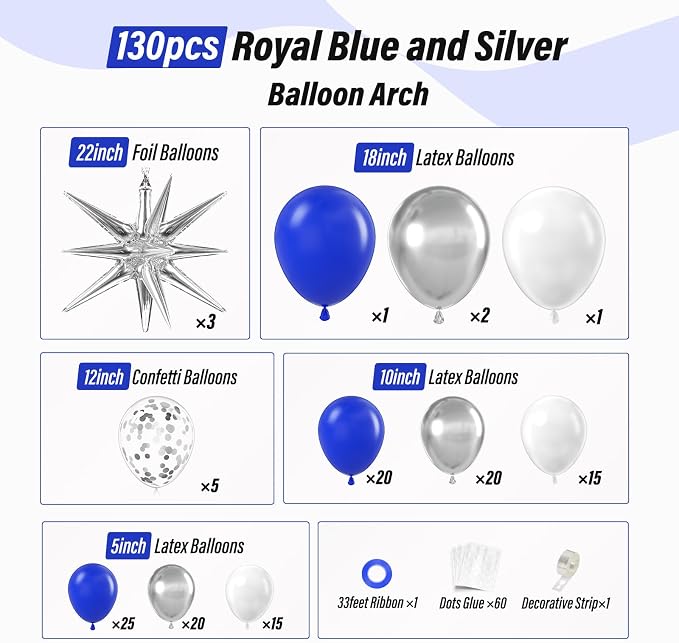 FOTIOMRG 131pcs Royal Blue and Silver Balloon Arch Garland Kit | Royal Blue - Image 2