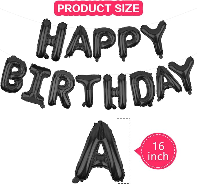 Happy Birthday Balloons Banner Black 16 Inch Mylar Foil Letters - Image 2