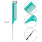 3 Packs Rat Tail Comb Steel Pin Rat Tail Carbon Fiber Heat Resistant Teasing Combs with Stainless Steel Pintail (Green)