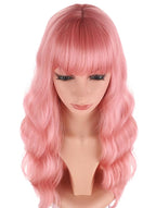 Pink Hair Wavy Wigs With Bangs For Women Synthetic Pink Wigs For Daily Use Everyday Wear.