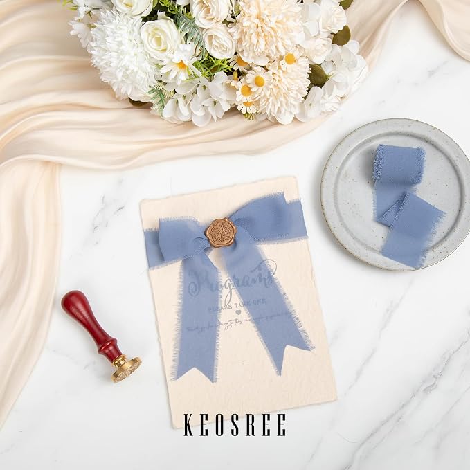 KEOSREE Baby Blue Dusty Blue Chiffon Ribbon Set 1.5" x21Yd | Handmade Frayed - Image 5