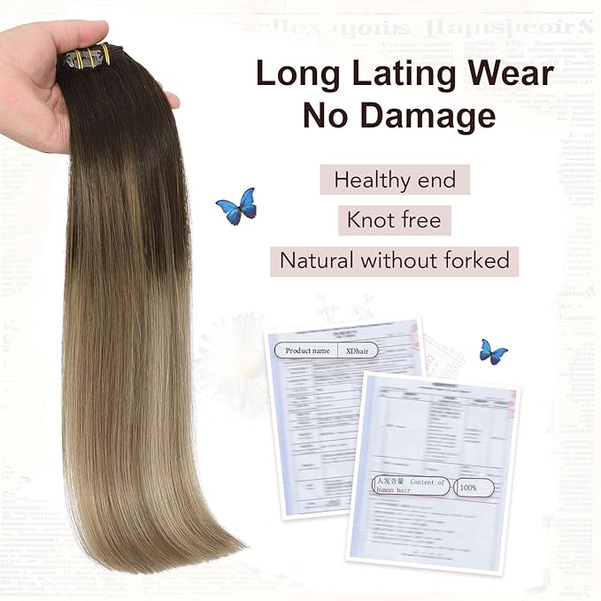 XDhair Human Hair Clip in Extensions 100g 6pcs Balayage Clip in Hair Extension Ombre Hair Extensions Clip ins Dark Brown to Dirty Blonde 14 Inch #2/6/18