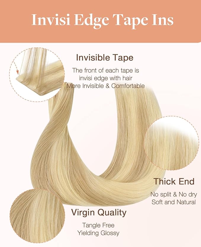 GOO GOO Invisi Edge Tape in Hair Extensions Human Hair, 18ET90A Natural Blonde Balayage 10pcs injected with 10pcs classical tape ins, 12inch 40g, Virgin Remy Hair, Natural Look