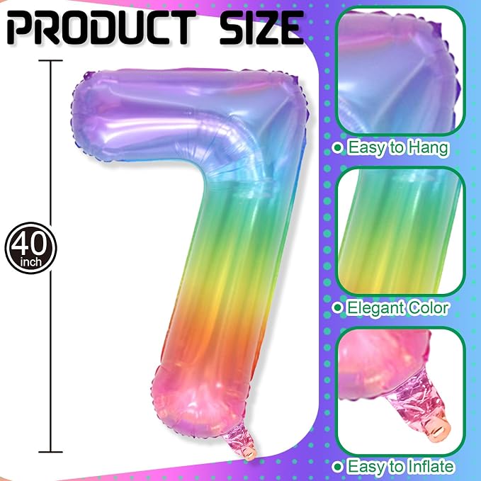 7th Birthday Balloons for Girls, Large Helium Mylar Colorful Multicolor 7 - Image 2